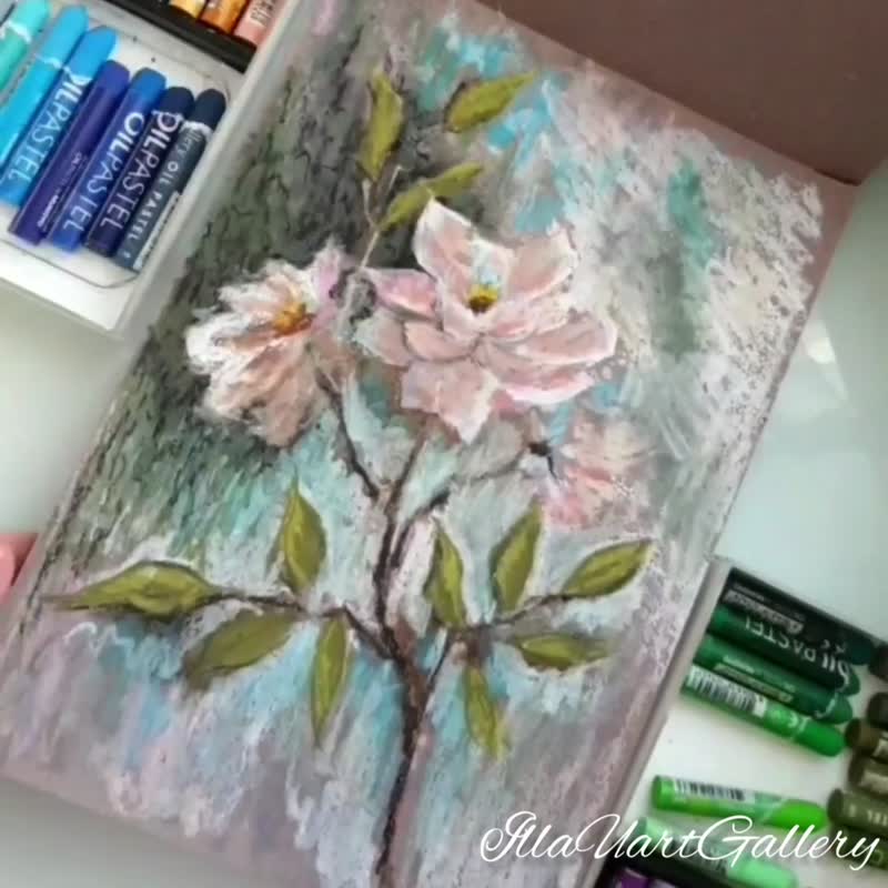 Rose Painting Flower Original Art Floral Wall Art Floral Oil Pastel Painting - 海报/装饰画/版画 - 其他材质 多色