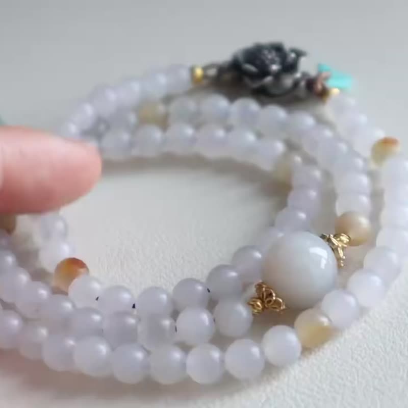 天然烟紫和田玉手链手串搭配绿松石古法银莲花珠好运连连生日礼物 - 手链/手环 - 玉石 