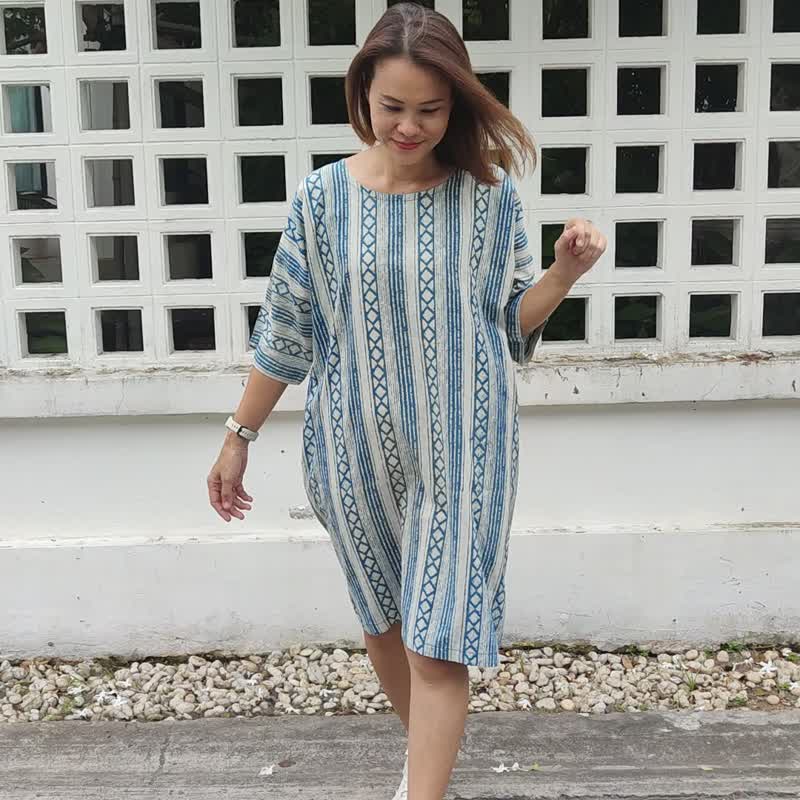 Stripe Dress -  靛蓝色条纹迷你印地安连身裙 - 洋装/连衣裙 - 棉．麻 蓝色