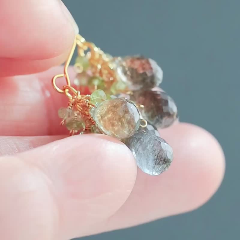 苔藓海蓝宝 绿碧玺 戏游系列 耳环 - 耳环/耳夹 - 石头 蓝色