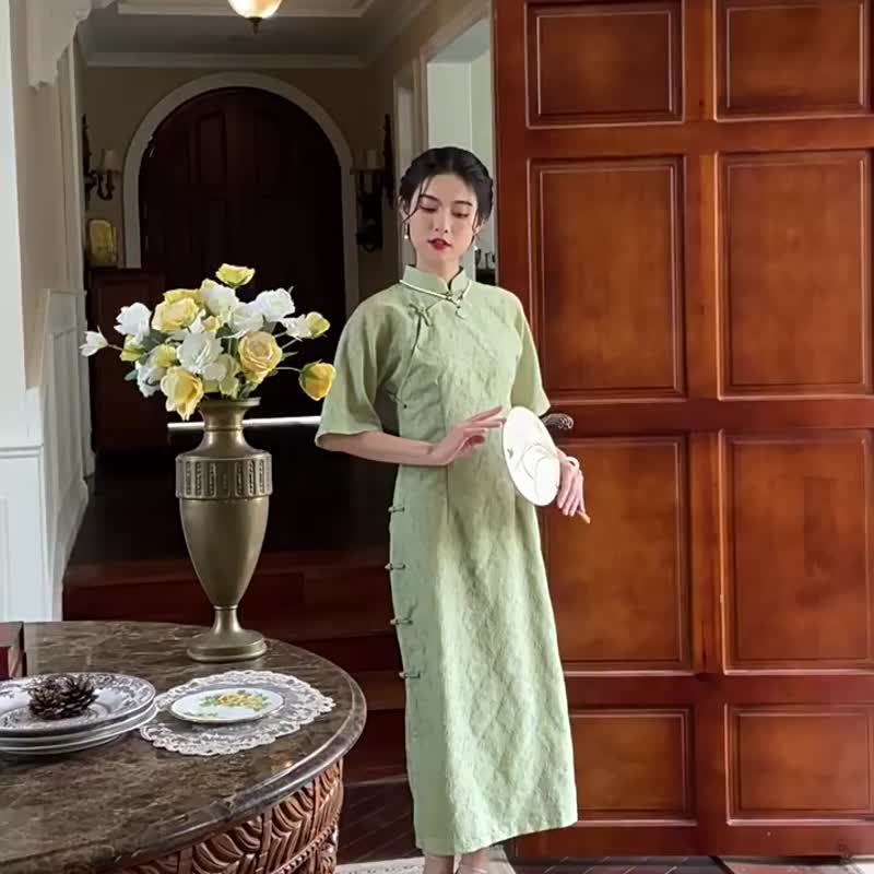 綠色 碧君 改良提花低開衩旗袍 復古改良新中式國風洋裝連身裙 - 旗袍 - 聚酯纤维 绿色