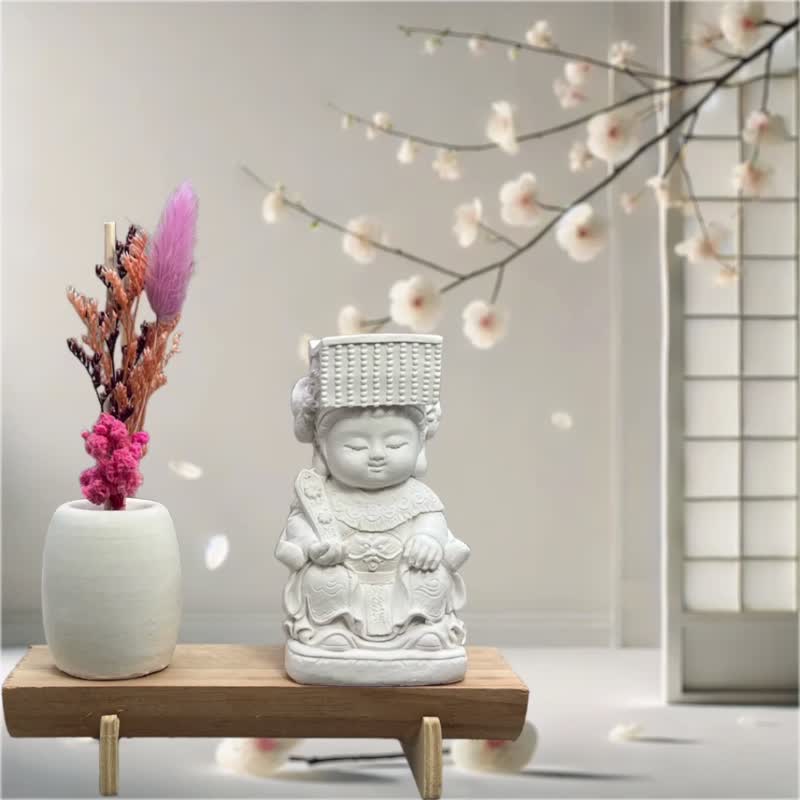 文青简约风 净念吉祥之妈祖小佛 原木底座系列 搭配永生花扩香瓶 - 香薰/精油/线香 - 水泥 白色
