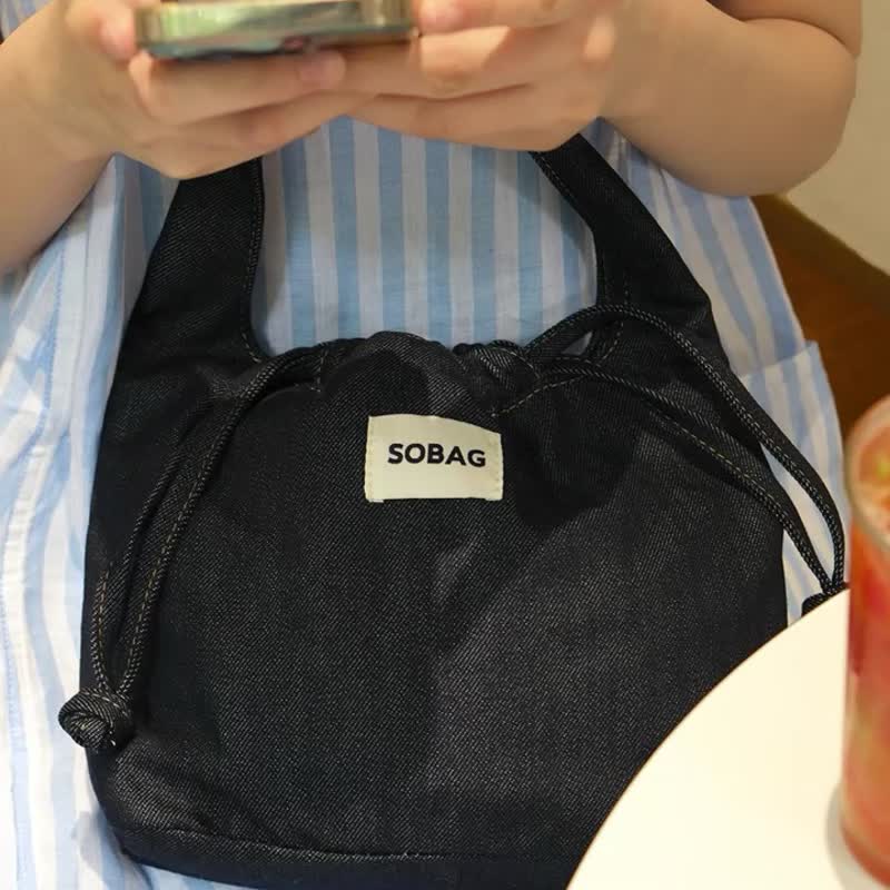 sobag日系丹宁牛仔帆布手拎单肩腋下包女简约抽绳手挽手提小布包 - 手提包/手提袋 - 其他材质 蓝色