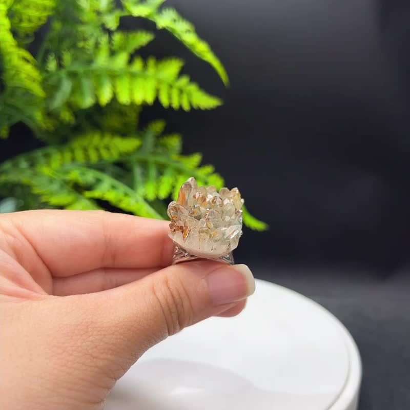 白水晶活口戒指 随形原石标本 晶簇晶柱手工指环 S925银 开启心智 - 戒指 - 水晶 