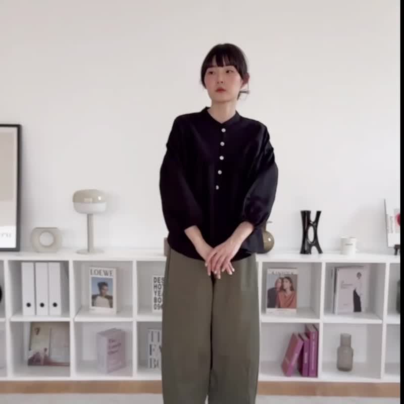 缩袖衬衫 - 黑色 - 女装衬衫 - 亚麻 黑色