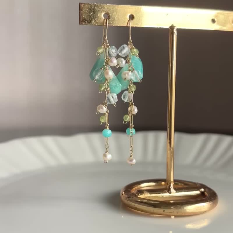 14KGF 天河石 橄榄石 托帕石 长耳环 / 耳夹 - 耳环/耳夹 - 宝石 绿色