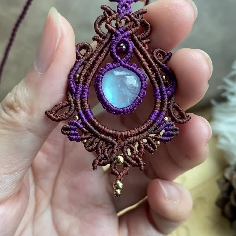 N667 蜡线编织 月亮石 紫水晶珠 铜珠 项链  (可调长度) - 项链 - 宝石 咖啡色