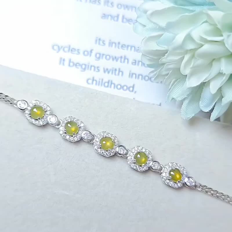 |招财柠檬黄|A货翡翠冰玻黄翡起刚4mm纯银镀18k多颗手链 - 手链/手环 - 玉石 绿色