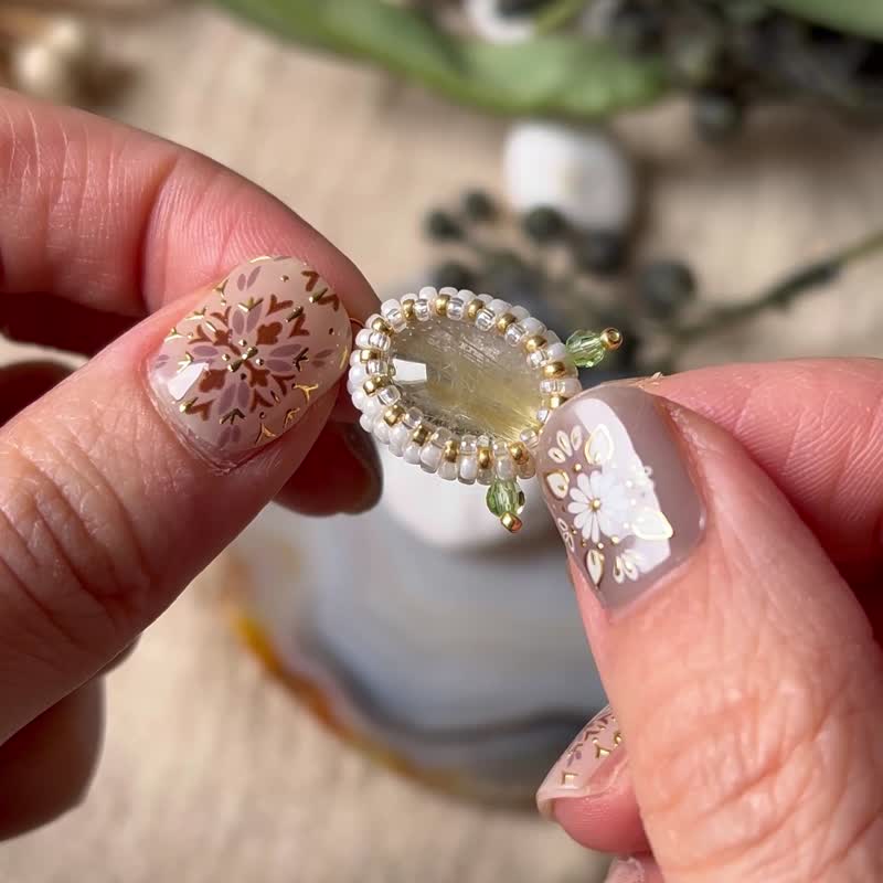 玻璃米珠x天然石 金发晶 串珠吊坠 配宝石链 - 项链 - 水晶 白色