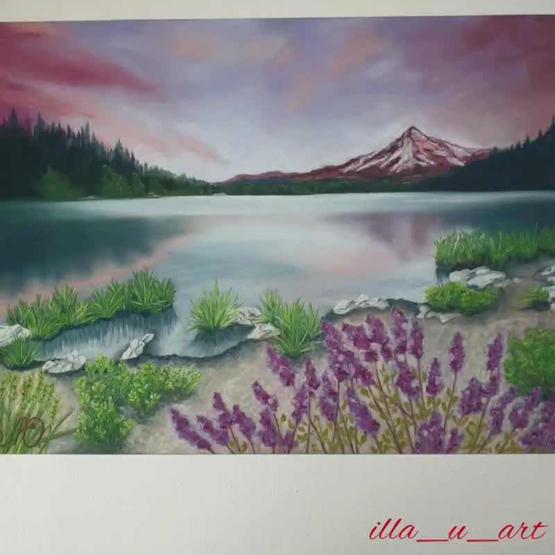 Mount Painting Lake Original Art Landscape Artwork Sunrise Soft Pastel Painting - 海报/装饰画/版画 - 其他材质 多色