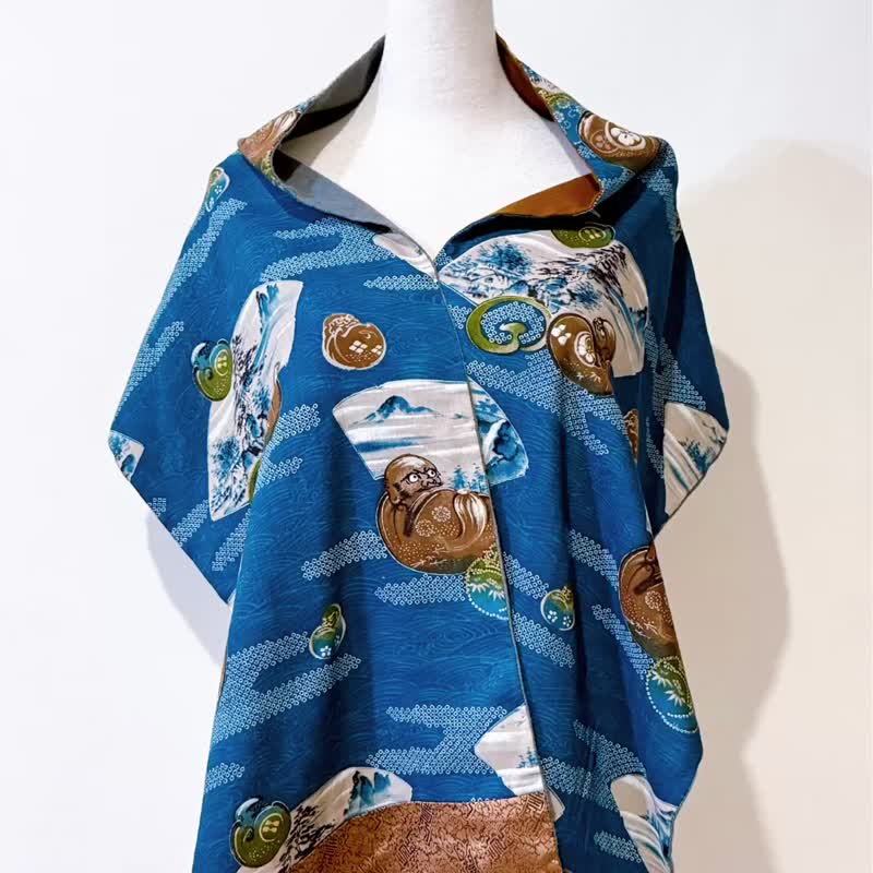 纯手作稀有古典蓝色底咖啡色达摩扇形山水图腾羊毛围巾披肩 - 围巾/披肩 - 羊毛 蓝色