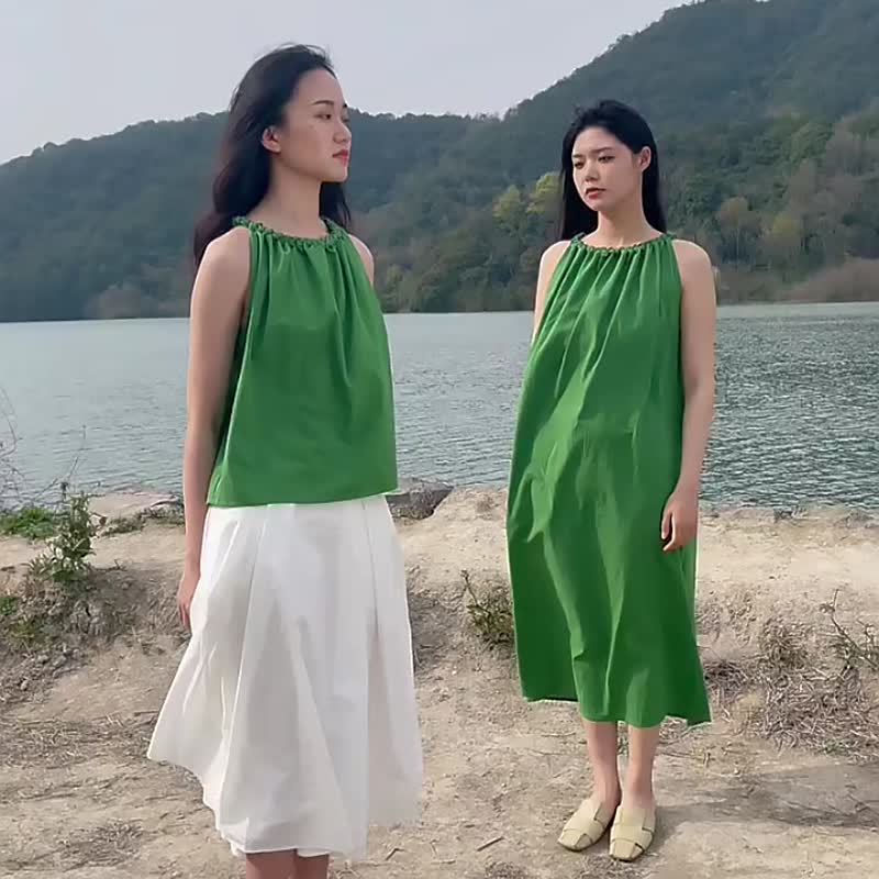 大满足的绿色 必入 手缝麦穗挂脖系带上衣/洋装 环保棉天然纤维染 - 洋装/连衣裙 - 棉．麻 绿色