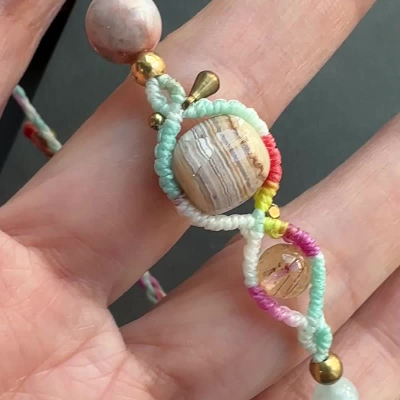 BB181 民族风 蜡线编织 玛瑙 铜珠 手环 (可调长度) - 手链/手环 - 宝石 粉红色