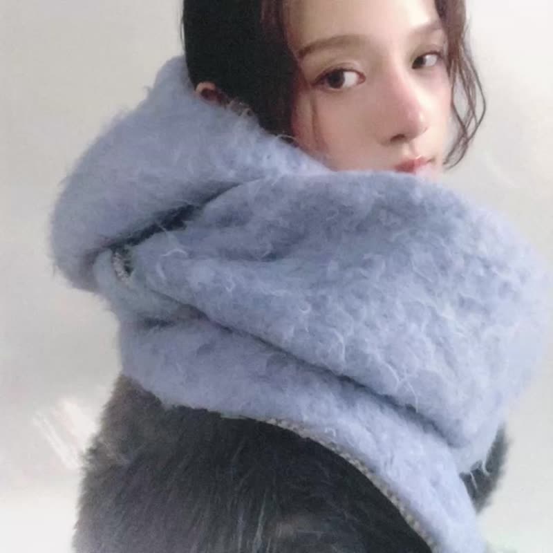 【圣诞礼盒】MIST 系列 - 晨雾 * 连帽围巾 蓝色 毛料 保暖 围巾 - 围巾/披肩 - 其他人造纤维 蓝色