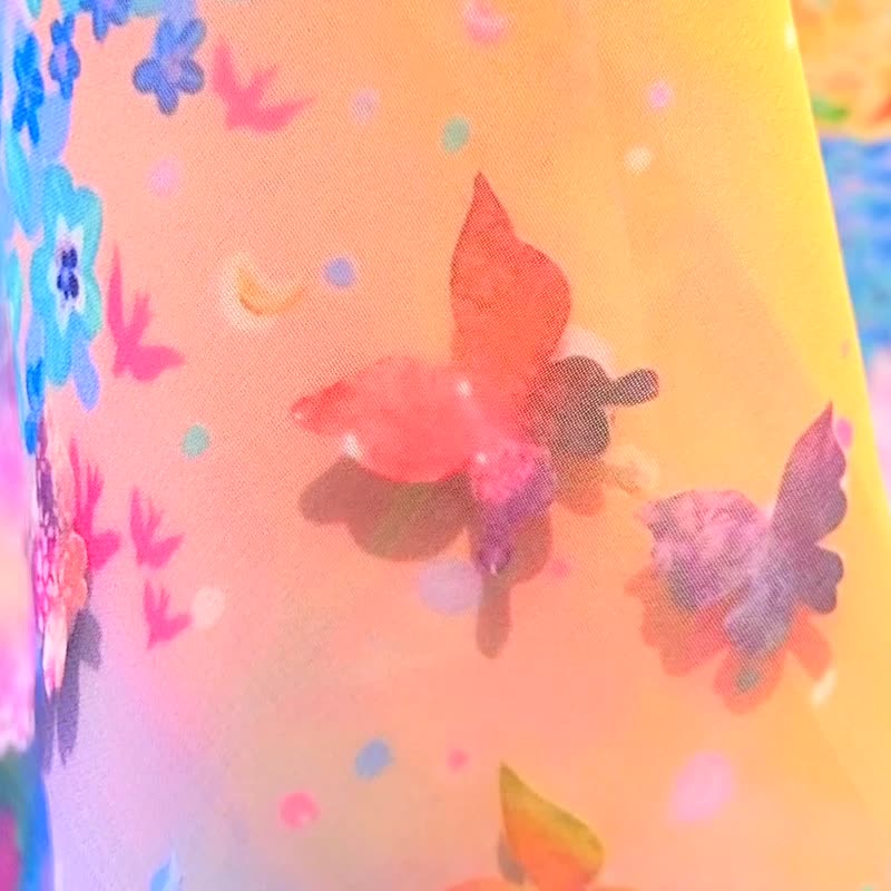 四周【庆祝时光】艺术雪纺围巾 丝巾 披肩 彩色 蝴蝶 花卉图案 鲜艳 可爱 生日礼物 - 丝巾 - 聚酯纤维 多色