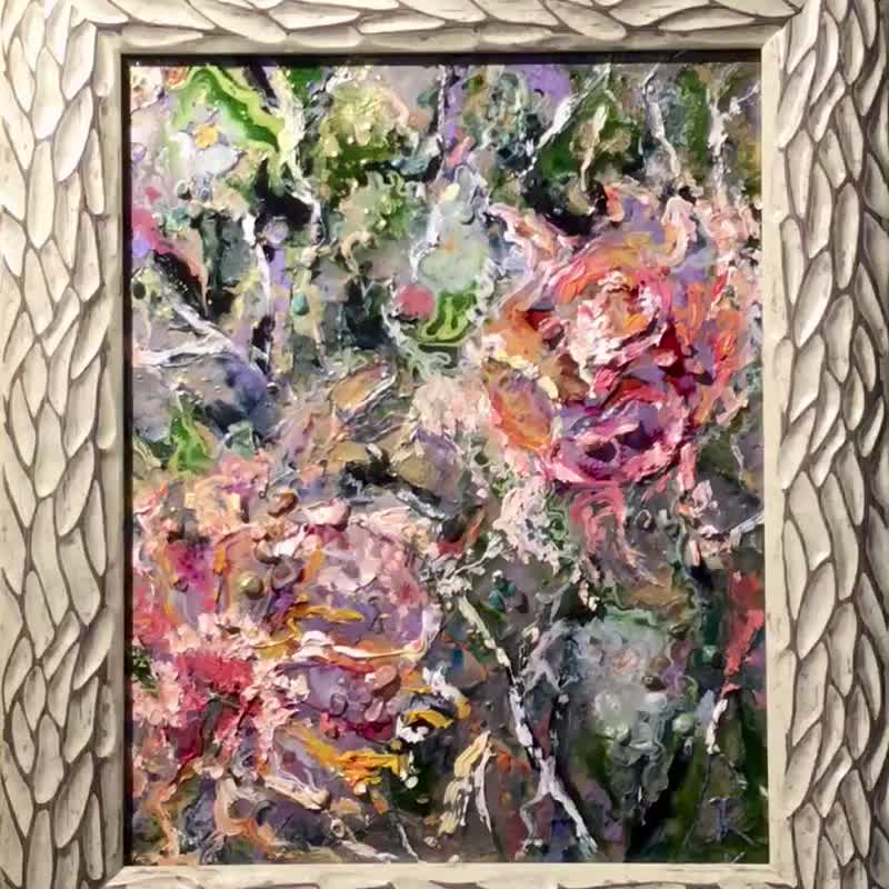 Flowers fantasy oil mix media painting on glass - 墙贴/壁贴 - 玻璃 粉红色