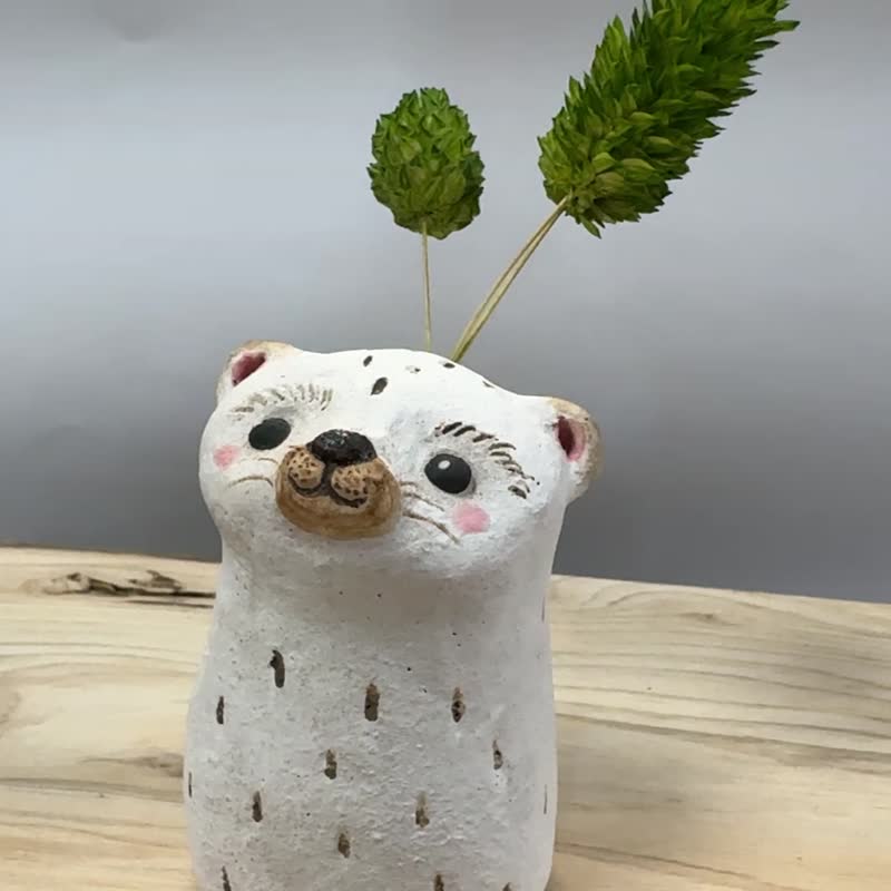 木白.可爱小白貂造型一轮插花器精油扩香瓶 - 玩偶/公仔 - 陶 白色