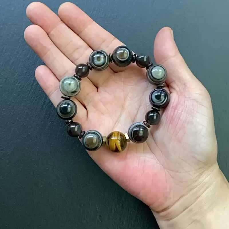 避邪保平安-玛瑙天眼珠x黑曜石x闪电虎眼石x椰壳黄铜手链 - 手链/手环 - 水晶 多色