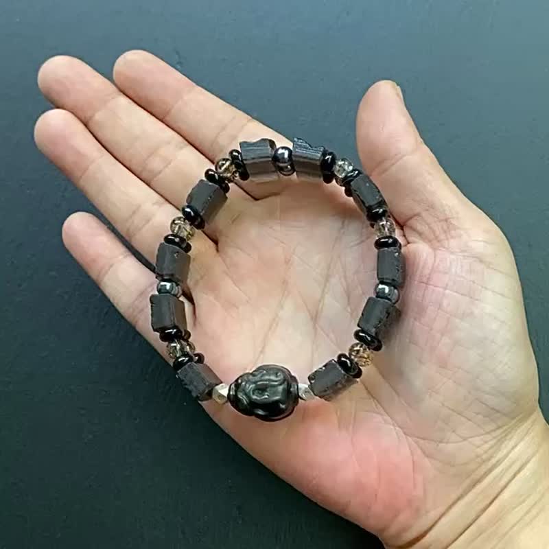 天狼星陨石x冰透体黑金超七x黑玛瑙x太赫兹x银曜石龙龟纯银手排 - 手链/手环 - 水晶 