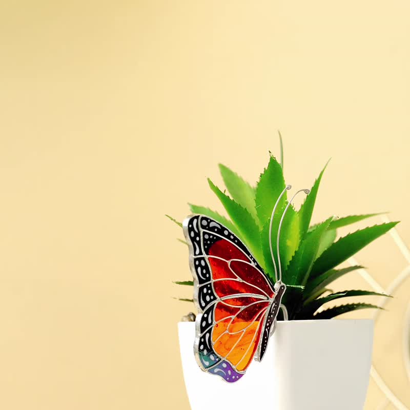 彩绘玻璃蝴蝶君主捕日者 妇女盆栽装饰礼品 - 植栽/盆栽 - 玻璃 红色