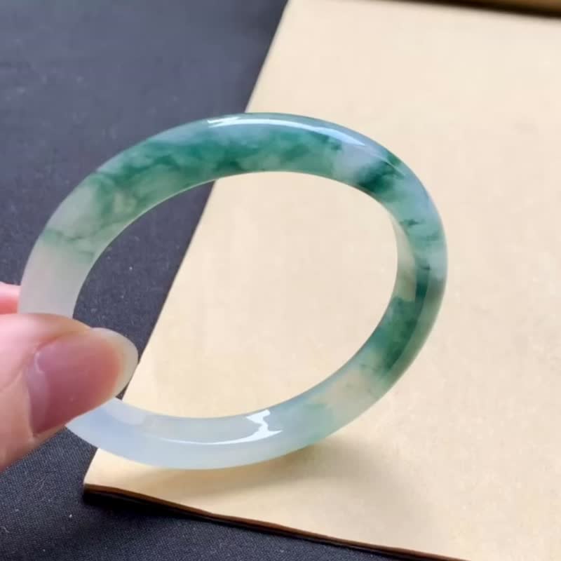 冰种翡翠天然翡翠玉镯 A玉手镯玉鈪 • 冰种半山水蓝飘花翡翠贵镯 - 手链/手环 - 玉石 蓝色