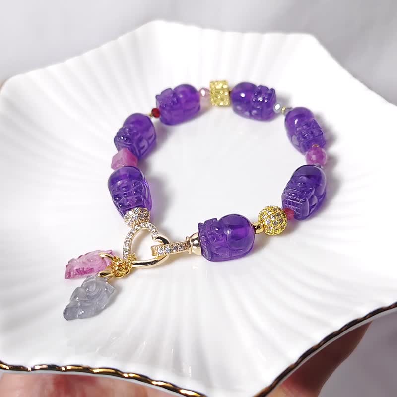 紫水晶 貔貅 红宝石 尖晶石 大红大紫 招财 智慧 手链 单品 礼物 - 手链/手环 - 宝石 紫色