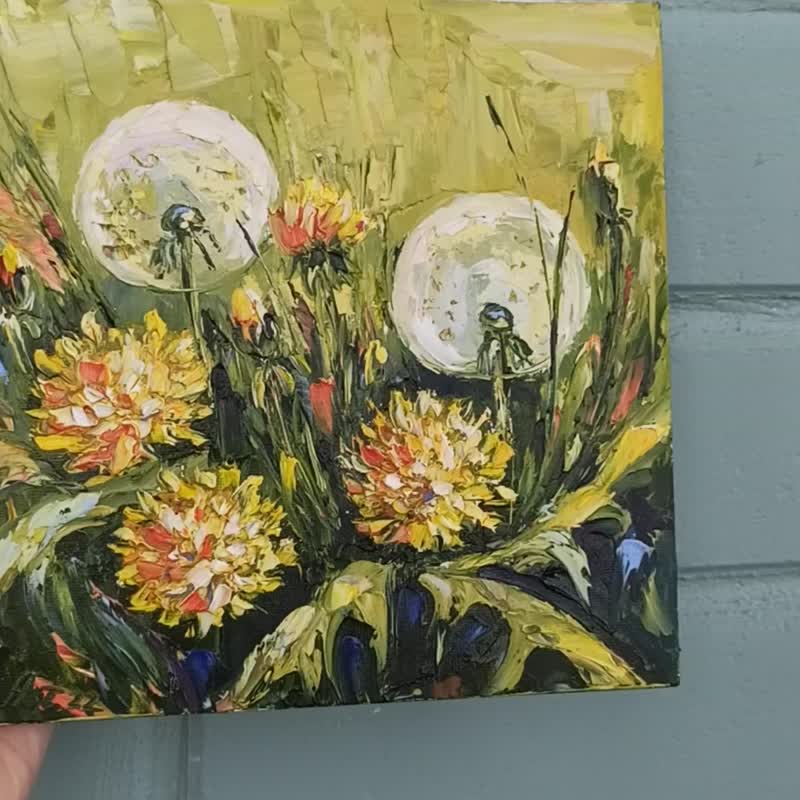 蒲公英  花油画蒲公英艺术品花卉原创艺术墙艺术 - 海报/装饰画/版画 - 棉．麻 黄色