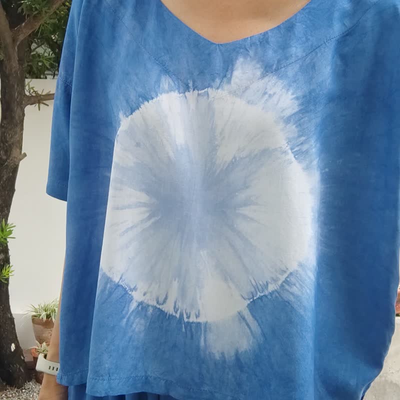 Viola Set - 酷靛蓝色扎染上衣和裤子套装 - 女装长裤 - 棉．麻 蓝色