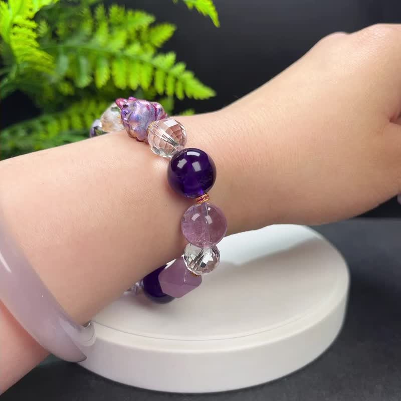 设计款 紫色系多宝水晶手串 大漆九尾狐 紫水晶跑环 S925银镀金 - 手链/手环 - 水晶 紫色