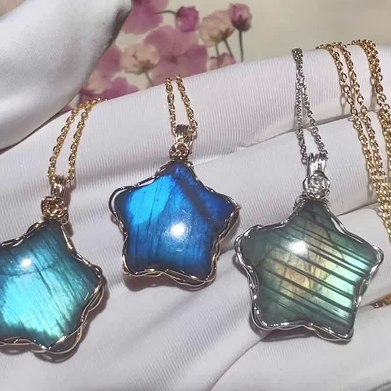 纯手工进口14K包金绕线彩色拉长石星星玫瑰花吊坠 - 项链 - 宝石 多色