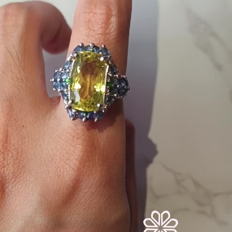 蓝黄玉石与天然蓝宝石戒指，925纯银戒圈，尺寸 60 - 戒指 - 纯银 黄色