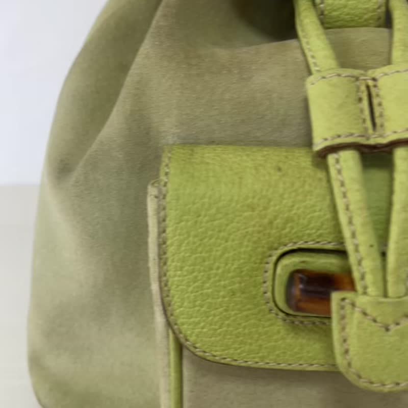 正品 GUCCI 古驰 竹节后背包 麂皮 浅绿色 003・1705 二手 - 后背包/双肩包 - 其他材质 绿色