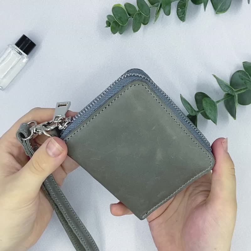 女款皮革迷你拉链钱包 附腕带 / 手工钱包 / 手拿包 - 皮夹/钱包 - 真皮 灰色