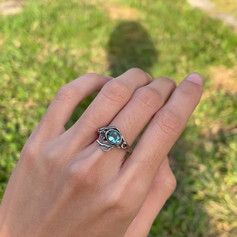 喜迎瑶 925银 蓝托帕 托帕石 天然石 活口 戒指 民族风 嬉皮 男女 - 戒指 - 水晶 银色