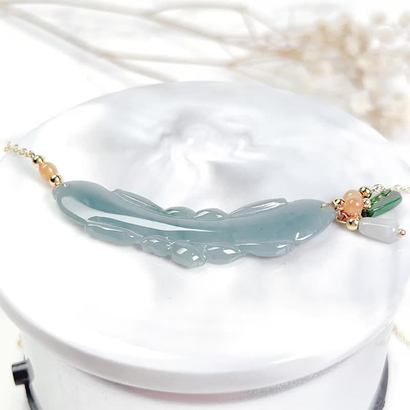 冰种蓝水翡翠花花锁骨链 14K 包金 | 天然 A 货翡翠 | 送礼 - 锁骨链 - 玉石 绿色