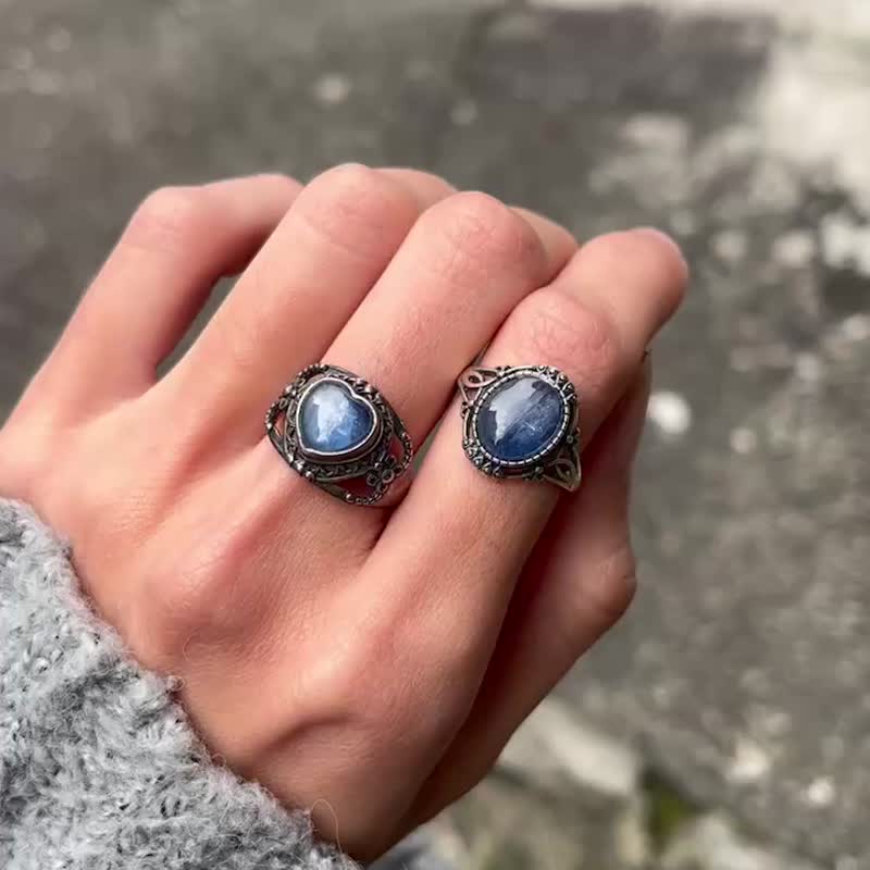 喜迎瑶 925银 蓝晶 戒指 活口 可调式 手工银饰 复古 - 戒指 - 水晶 银色