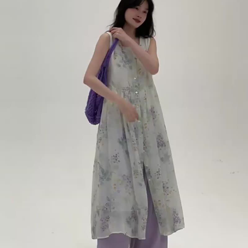 山野花背心洋裝 碎花小方領背心裙 文藝復古小眾長裙 - 洋装/连衣裙 - 棉 卡其色