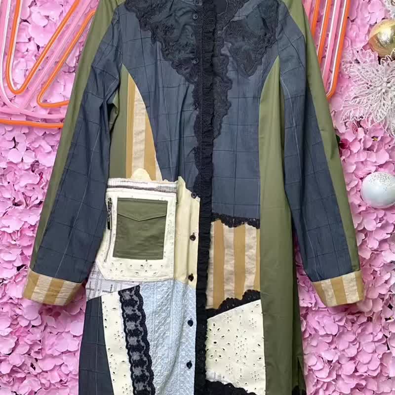 OTT独一无二•Unique日系灰绿黄刺绣长格仔恤衫连衣裙Long Shirt - 洋装/连衣裙 - 棉 多色