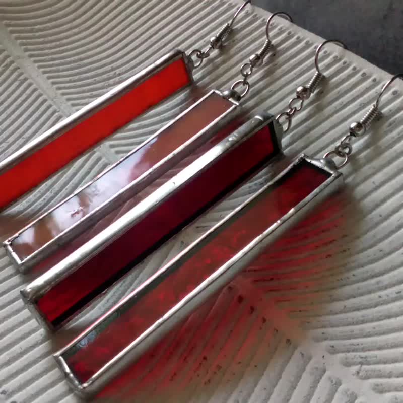 玻璃耳環 幾何 glass mosaic earrings. stained glass red orange rectangle earrings. - 耳环/耳夹 - 玻璃 红色