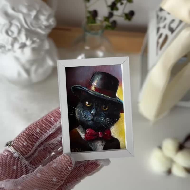 迷你画作 黑猫、猫咪裱框海报、动物装饰、猫咪肖像微型艺术 - 摆饰 - 压克力 多色