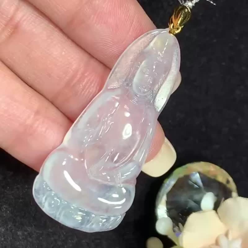 冰种 天然翡翠 缅甸A玉颈链 • 18K金高冰种观音翡翠吊坠 - 项链 - 玉石 白色