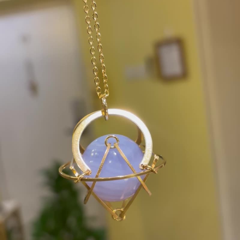 蓝纹玛瑙 星球 项链 颈链 简约 中性 圣诞礼物 圣诞包装 男友礼物 - 项链 - 水晶 金色