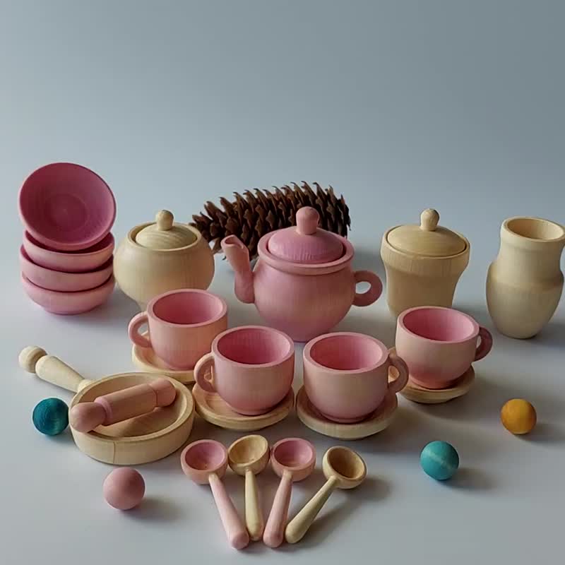 Wooden tea set Montessori Baby Toys Play kitchen Baby gift Montessori wood toys - 玩具/玩偶 - 木头 粉红色