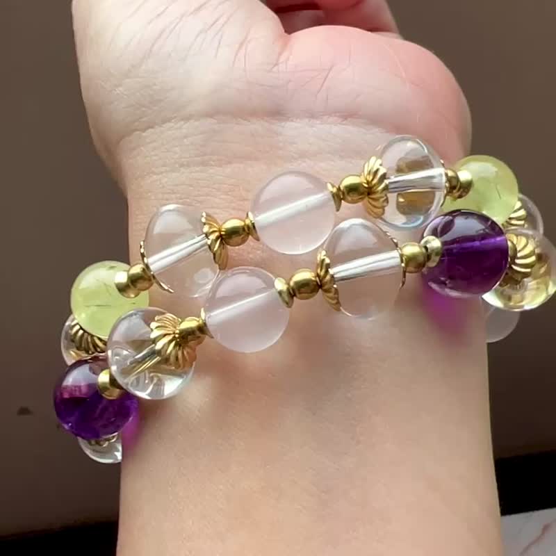 ||清凉心|| 心轮能量手环。葡萄石/紫晶/粉晶/AA级特殊圆切白晶 - 手链/手环 - 水晶 多色