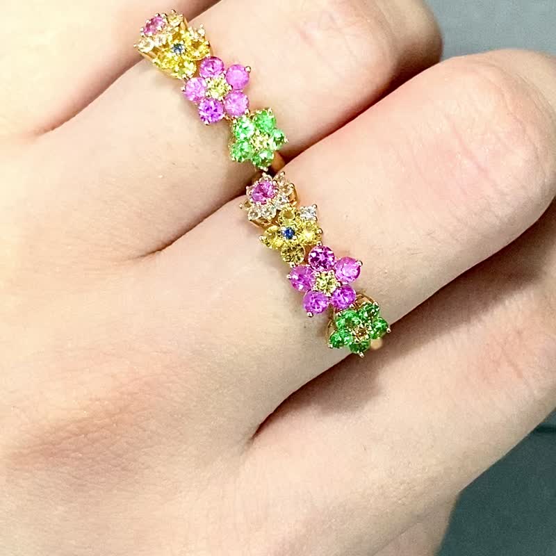 繁花似锦彩色蓝宝石戒指莎弗莱 18k 金戒指榴石彩色宝石彩色刚玉 - 戒指 - 宝石 多色