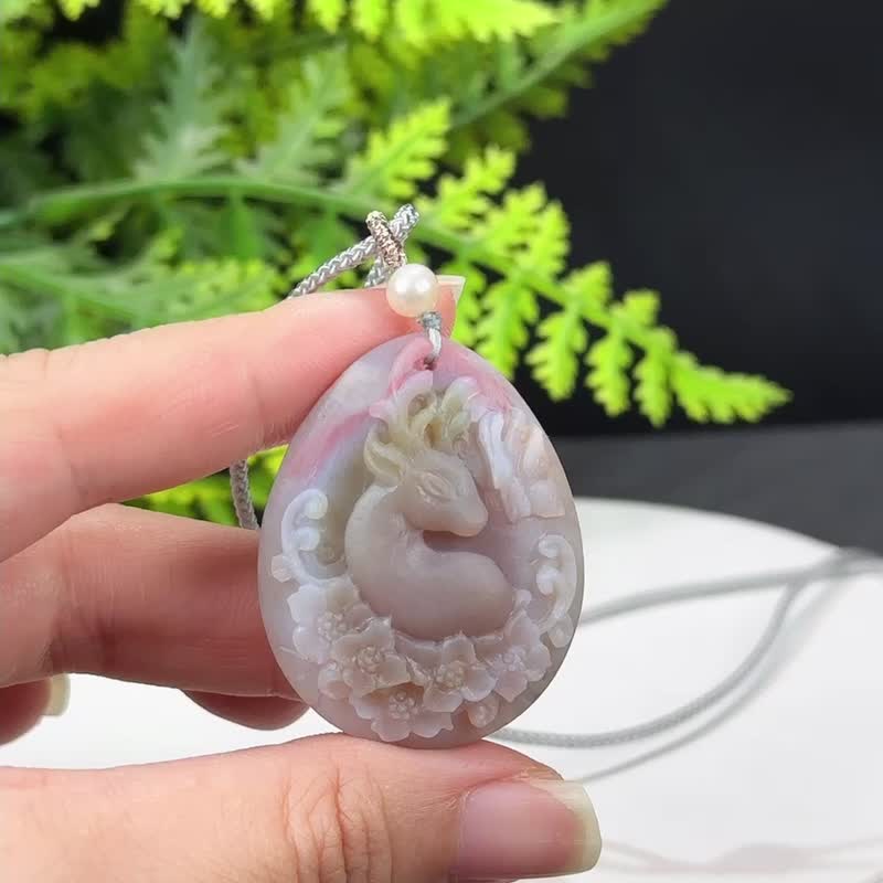 高品质盐源玛瑙吊坠项链粉紫哑光手雕一鹿生花富贵吉祥福禄同寿 - 项链 - 半宝石 