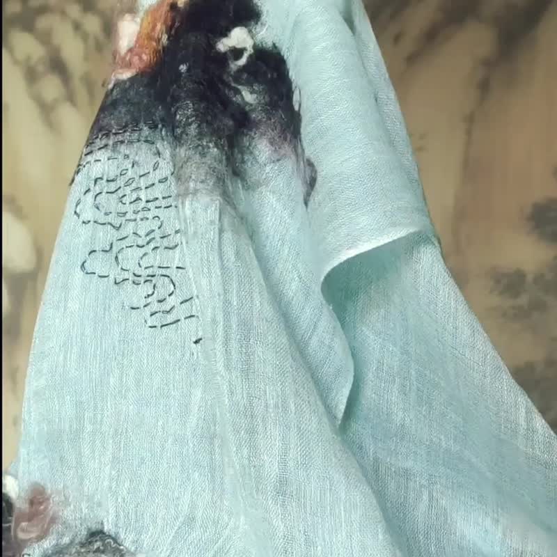 原创手工画  手作羊毛毡绒图案 双色全麻围巾 (风暴中的小树) - 围巾/披肩 - 棉 蓝色