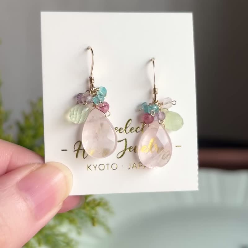 春风 14KGF 粉晶 葡萄石 花瓣耳环 / 柔和透明感 轻盈优雅 耳夹 - 耳环/耳夹 - 宝石 粉红色