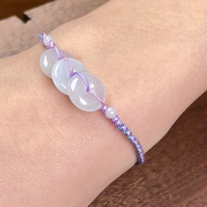 冰种白翡翡翠平安扣编织手链 | 天然缅甸玉A货翡翠 | 送礼 - 手链/手环 - 玉石 白色