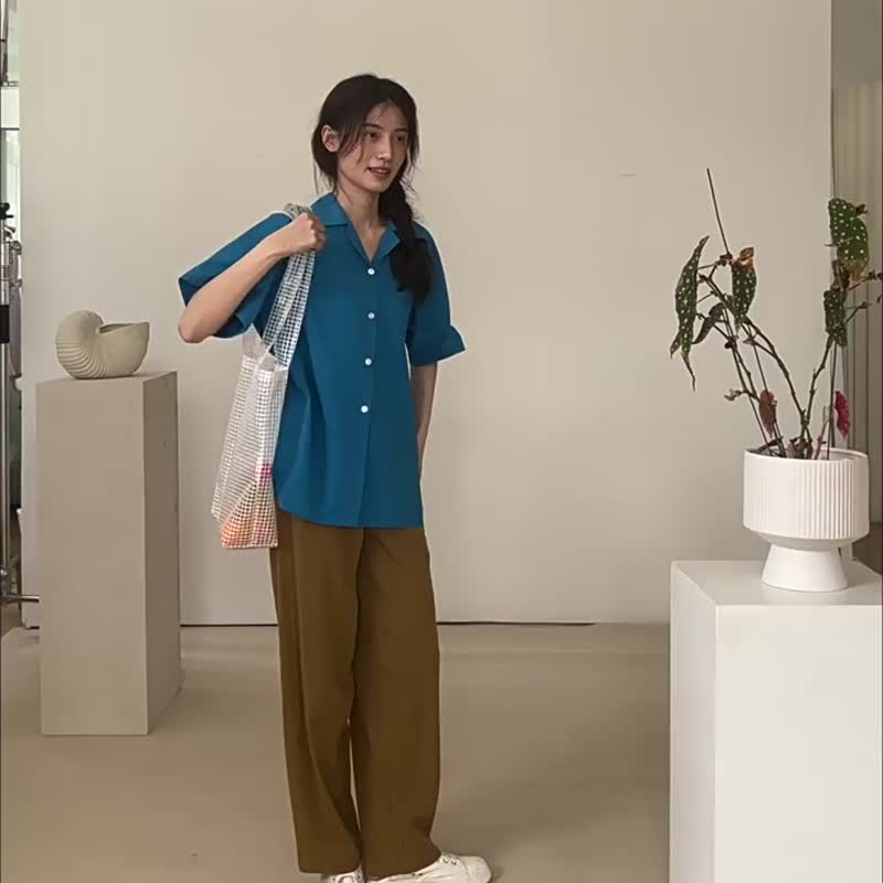 深竹月蓝 老友记 古巴领短袖衬衫 宽松复古显白 中性无性别衬衣 - 女装衬衫 - 棉 蓝色